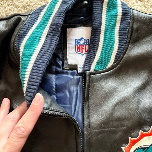 New with tags! NFL Team Apparel Miami Dolphins Faux Leather Bomber Jacket - Picture 6 of 9